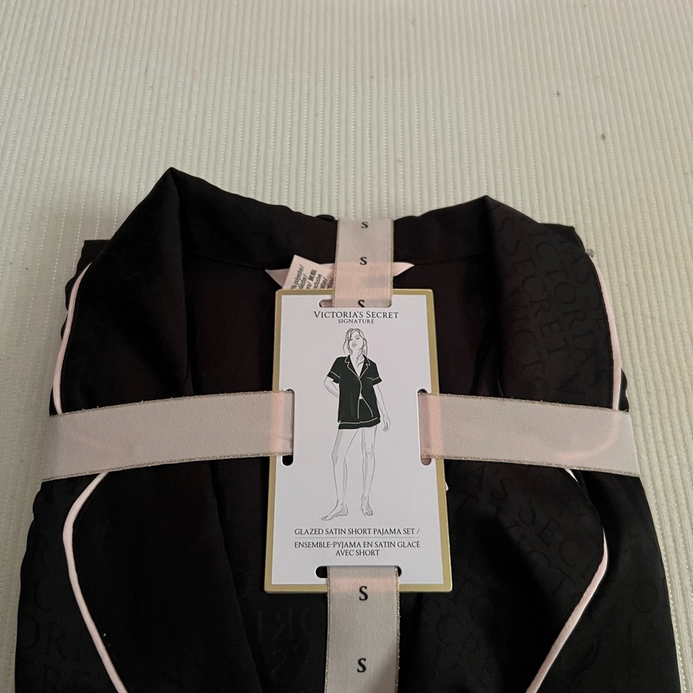 Victoria's Secret Black Satin Pajama Set with Pink Trim